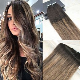 Remy Tape in Hair Extensions Human Hair Balayage Color Dark Brown Fading to Light Brown Unprocessd Human Hair Extensions Seamless 100g 40pcs