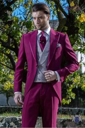 Morning Style One Button Wedding Groom Tuxedos Peak Lapel Groomsmen Mens Dinner Blazer Suits (Jacket+Pants+Vest+Tie) NO:1522