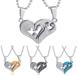 Double Heart Pendant Necklace 316L Stainless Steel Crystal Matching Jewelry Couple Lovers I Love U Necklaces 2 Pieces A Set