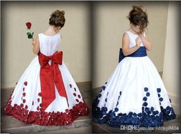 Flower Girl Dresses With Red And White Bow Knot Rose Taffeta Ball Gown Jewel Neckline Little Girl Party Pageant Gowns