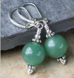 Handmade 12mm Light Green Aventurine Jade Round Beads Silver Leverback Earring