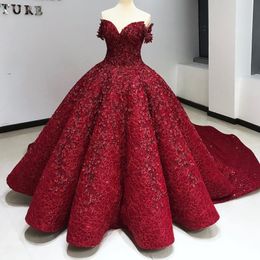 Amazing Lace Ball Gown Evening Dress Red Off Shoulder Beaded Sequins Sparkling Red Carpet Dress Luxury Dubai Evening Gown Celebrity Dress