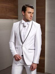 High Quality White Groom Tuxedos Groomsmen Blazer Shawl Lapel One Button Excellent Men Business Formal Party Prom Suit(Jacket+Pants+Tie) 243