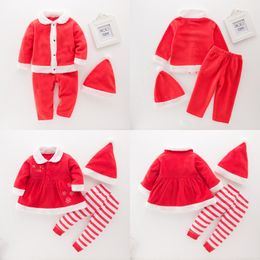 Miúdos de natal Do Bebê Das Meninas Dos Meninos Do Papai Noel Traje Vestido Calças Chapéu 3 Pcs Conjunto de Roupas de Presente de Natal