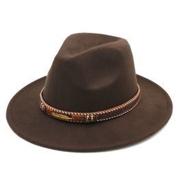 New Fashion Unisex Wool Blend Panama Cap Fedora Hat Wide Brim Sombrero Godfather Cap Church Caps Gangster Leather Band with Gold Feather
