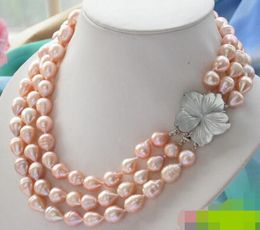 new Style Hot sale***3row 10-12mm pink drip freshwater cultured pearl necklace Fashion Wedding Party Jewellery