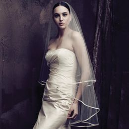In Stock Cheap Tulle White Bridal Veils 2018 with Comb Elbow Length Two Layer Ribbon Edge Wedding Accessories New Arrival