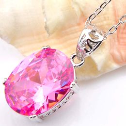10Pcs Luckyshine Holiday Gift Oval Pink Kunzite Cubic Zirconia Gemstone Silver Pendants Necklaces for Wedding Party With Chain