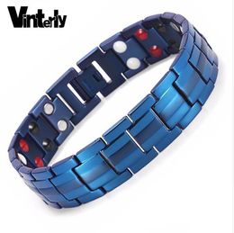 Vinterly Mens Blue Bracelet Chain Link Health Energy Germanium Bio Magnetic Pure Titanium Bracelets Bangles for Men Jewelry