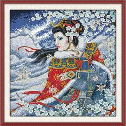 Beauty in snow night girl decor paintings , Handmade Cross Stitch Embroidery Needlework sets counted print on canvas DMC 14CT /11CT
