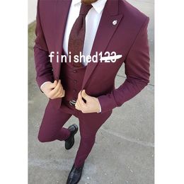 Hot Selling One Button Burgundy Wedding Groom Tuxedos Peak Lapel Groomsmen Mens Dinner Blazer Suits (Jacket+Pants+Vest+Tie) NO:1518