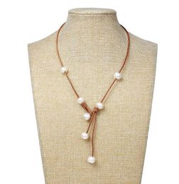 New Arriver Leather Pearl Necklace,White Colour Natural Freshwater Pearls,Brown Leather Pearl Jewellery,Free Shipping