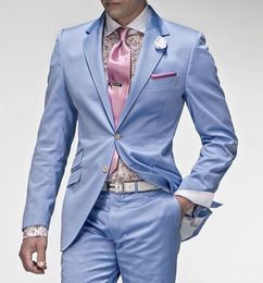 New Light Blue Men Wedding Tuxedos Excellent Groom Tuxedos Notch Lapel Two Button Slim Fit Men Blazer 2 Piece Suit(Jacket+Pants+Tie) 1343