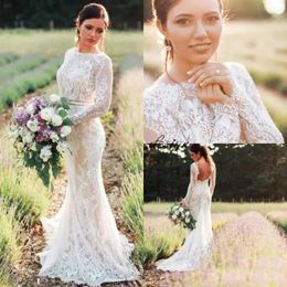 Romantic Ivory Country Wedding Dresses Bateau Neckline Sexy Backless Long Sleeves Mermaid Bridal Gowns Garden Sweep Train