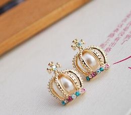 new hot Korean version of Colour diamond crown earrings pearl unique crown pop beauty earrings fashion classic exquisite