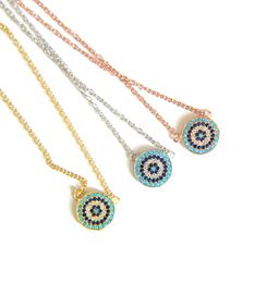 100% 925 sterling silver classic necklace round Disc micro pave Colourful cz turquoise evil eye charm lucky girl gift chain