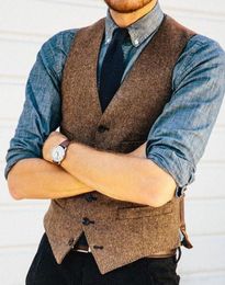 2019 Brown Rustic Groom Vests For Farm Country Wedding Wool Herringbone Tweed Suit Vest Slim Fit Tailor Made Groomsmen Attire