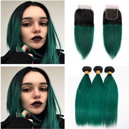 Dark Green Ombre Brazilian Virgin Human Hair 3 Bundles Deals with Top Closure Straight Two Tone 1B/Green Ombre Hair Weavea With Closure