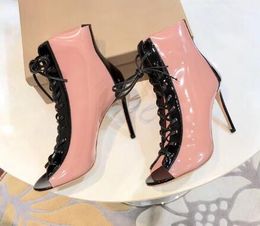 2018 New Fashion Summer Sandals Black Genuine Leather Open Toe Lace Up Mixed Colour High Heels Ankle Summer Boots Shoes Woman