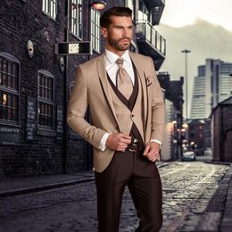 Custom Made Beige Brown Men Suit Set (Jacket+Pants+Vest) Groomsmen Tuxedo Groom Wedding Suit Men Suits Regular Fit Costume Homme