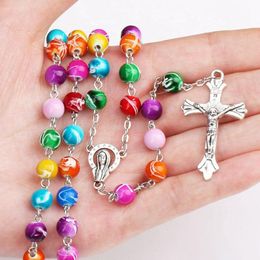 Colorful Rosary Necklace With Cross Jesus Charm Pendant Necklace Fashion Acrylic Beads Catholic Christian Crucifix Jewelry Gift