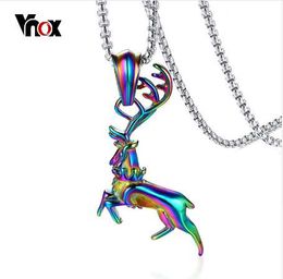 Vnox Multi Colour Elk Deer Pendant for Men Necklace 24" Box Chain Stainless Steel Rainbow Stylish Male Jewellery Hip hop