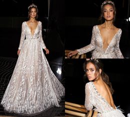 Dimitrius Dalia Wedding Dress Lace Appliques Sash With Feather Deep V Neck Bridal Gowns A Line Long Sleeve Backless Vestidos De Novia