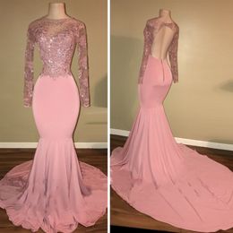 Long Sleeves Pink Mermaid Evening Dresses Sheer Neck Sequins Beaded Lace Satin Backless Prom Dresses Sexy Open Back Party Dress