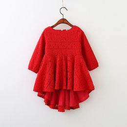 5250 붉은 레이스 긴 소매 공주 파티 아기 소녀를위한 아이 라인 아이 드레스 2018 봄 어린이 의류 도매 어린이 옷