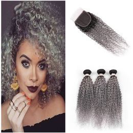 Ombre Two Colour 1B Grey Human Hair Weaves With Afro Curly Frontal 4x4 Pieces Kinky Curly Lace Closure With 3Bundles Hair Weaves