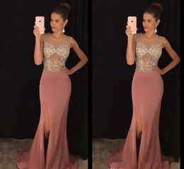 Pink Side Split Evening Party Gowns Mermaid Long Sheer Jewel Neck Sequins Prom Pageant Gowns for Arabic Women Crystals Beaded Formal M28