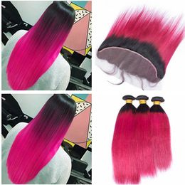 Brazilian Ombre Pink Virgin Human Hair 3 Bundles Deals with 13x4 Lace Frontal Closure Straight 1B/Hot Pink Ombre Hair Weaves with Frontals