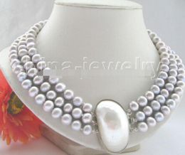 Beautiful 17-19" 3row 9mm gray round freshwater pearl necklace - shell clasp