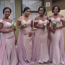 Blush Pink Long Bridesmaid Dresses Off Shoulder Short Sleeves Sheath Formal Gowns With Lace Applique Custom Made Party Dresses
