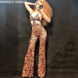 Rhinestones Tiger Stripes Jumpsuit Large Stretch Sexy Bodysuit Women's Stage Costume One-piece Printed Skinny Crystals Rompers