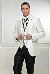 New Styles Two Button Shiny Ivory Groom Tuxedos Groomsman Blazer Excellent Men Business Formal Prom Party Suit(Jacket+Pants+Tie+Vest) NO:922