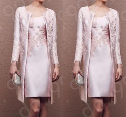 Pink Lace Mother Of The Bride Dress Formal Outfit Coat Long Sleeve Jacket Above Knee Length Wedding Guest Dress