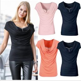 T-Shirt Sexy Short Sleeve Tops Women Solid Plus Size Shirts Beads Fashion Loose Blouse Casual Blusas Hot Tees Women Clothing Vestidos B3719