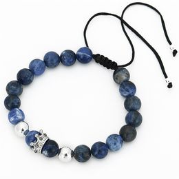 Fashion Men Women Stone Bead Bracelet,Pave Setting Black Crown Charm Weave Braiding Men Macrame Bracelet