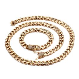 13MM Men Women Zircon Curb Cuban Link Necklace Bracelet Hip hop Gold Silver Stainless Stee Heavy CZ Rhinestone Chain Bracelet Jewellery Sets