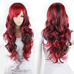 Fashion Long Loose Curly Wine red Wig Synthetic mix Colour Black to Burgundy Red Heat Resistant Lace Front Wig