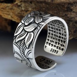 925 Silver Lotus Rings Good Luck Buddha Adjustable Size Trendy Popular S925 Solid Thai Silver Ring for Women Men Jewelry