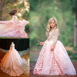 Flower Girls Pink Dresses for Weddings Long Sleeve Appliqued Indian Lace Ball Gowns Little Kids Communion Dress