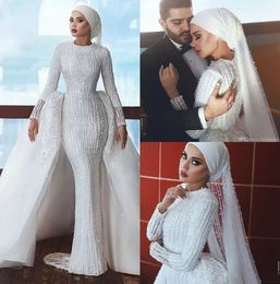 Luxury Long Sleeve Mermaid Wedding Dresses With Overskirts Jewel Neck Muslim Bridal Gown Dubai Arab Vestidos Plus Size