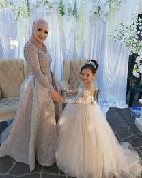 Elegant Ball Gown Flower Girls Dresses For Weddings Sheer Neck Long Sleeves Applique Lace Tulle Children Wedding Dresses Girls Pag291r