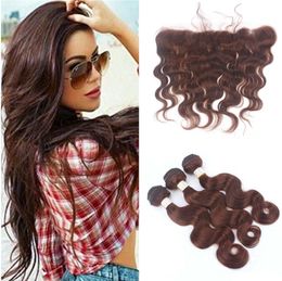 #4 Middle Brown Lace Frontal With Bundles Chocolate Brown Body Wave Human Hair Weaves Ear To Ear Lace Frontal With Bundles