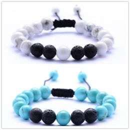 Fashion Handmade Weave Black 8mm Beads Natural Stones White Turquoise Bracelet Jewelry Men Women lava Essential Oil Diffuser Bracelets