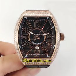 New MEN'S COLLECTION Vanguard V 45 SC DT Black Dial Automatic Mens Watch Rose Gold Diamond Case Leather/Rubber Strap Watches F-A21