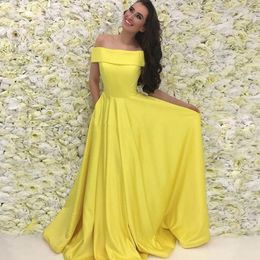 2019 Elegant Satin Long Evening Dresses Bateau Neck Off Shoulder Prom Dresses Custom Made Simple Yellow Evening Gowns Free Fast Shipping