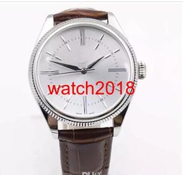Luxury Watch New Series 18k Silver Automatic Mechanical Watches Brown Leather White Surface Top Quality Date Sport Men's Fashion Watch